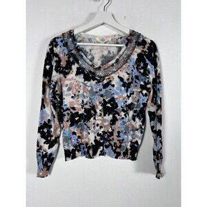 Anthropologie HWR Womens Beaded Neck Abstract Button Cardigan Sweater Large NWOT